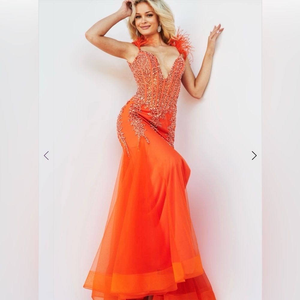 Jovani Vibrant Orange Feather-Trim Beaded Mermaid Gown - Picture 12 of 16